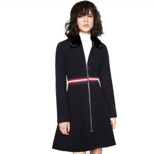 MAJE Navy Blue Gamina Fur Collar Wool Military Striped Zip Up Aprés Ski Coat